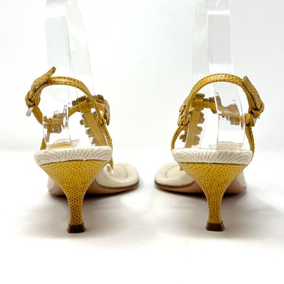 Vintage PRADA Y2K Floral Kitten Heels Size 37 | Yellow Woven Sandals - Picture 5 of 9